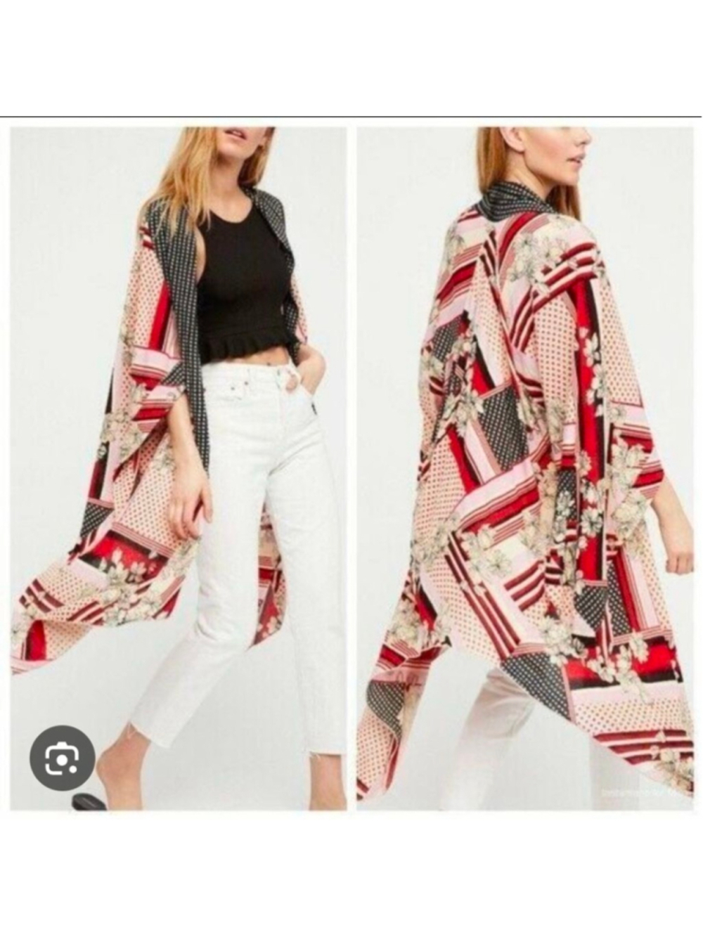 Rare Free People Morning Glory Kimono OS Red Black Floral Cutout Asymmetrical